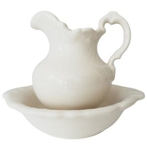 Pitcher and Bowl Set Wash Basin Cream Cottagecore Farmhouse Pottery Home Decor
